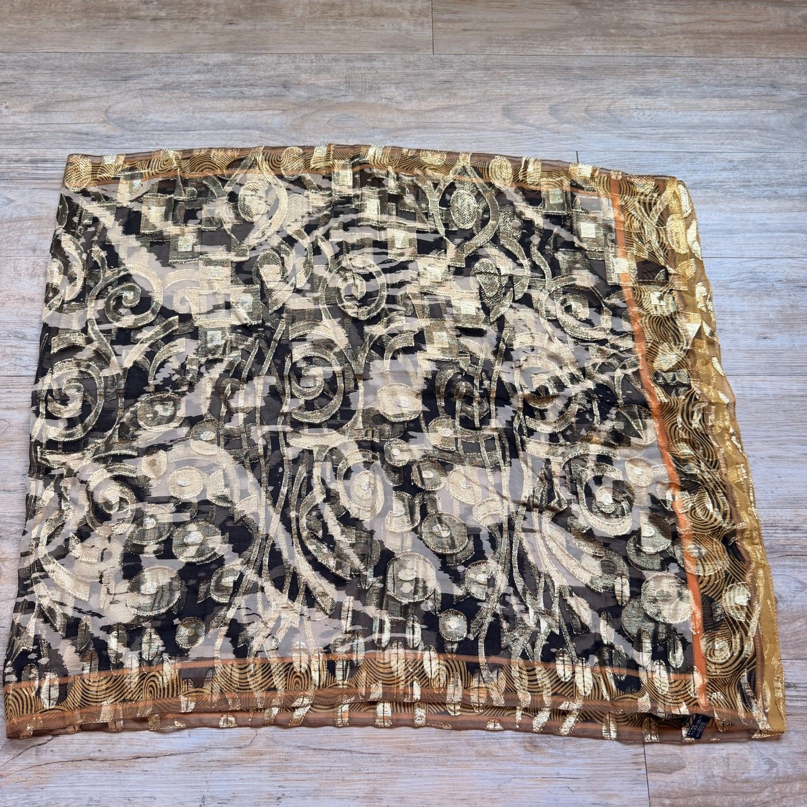 Etro Milano Metallic Silk Blend Scarf Shawl Gold Black Abstract Scroll Italy